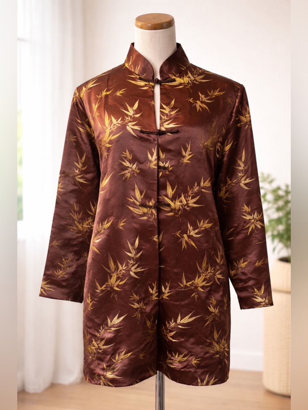 [Silk Box] Vintage Brown Silk and Rayon Leaf Embroidered Kimono Jacket Sz: M